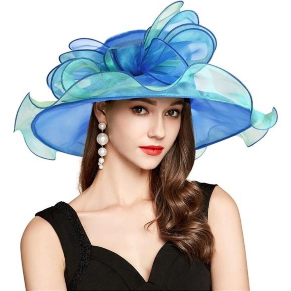 Derby Hats for Women, Classy Organza Sun Hat, Blue Green